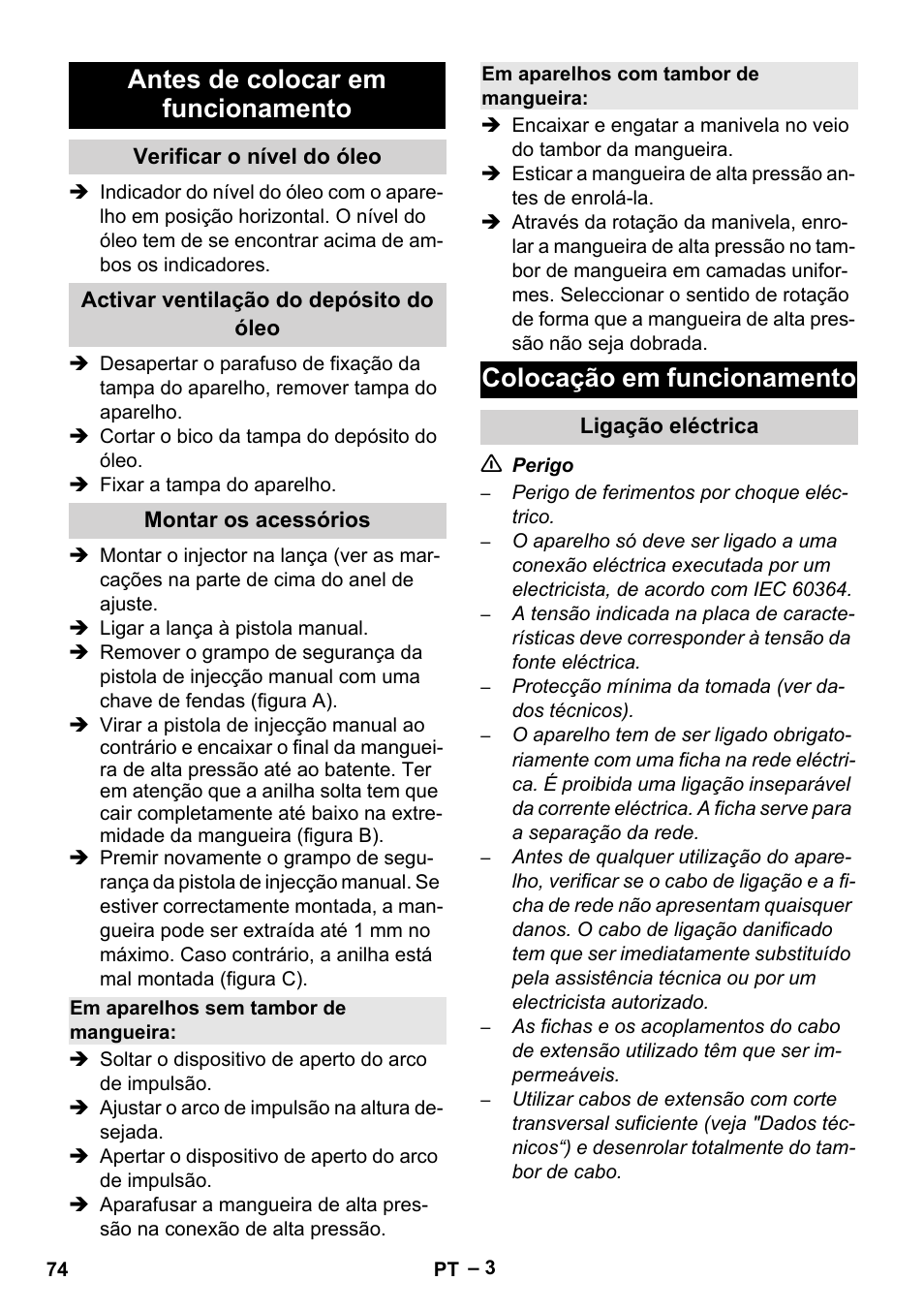 Antes de colocar em funcionamento, Colocação em funcionamento | Karcher HD 6-13 C User Manual | Page 74 / 332