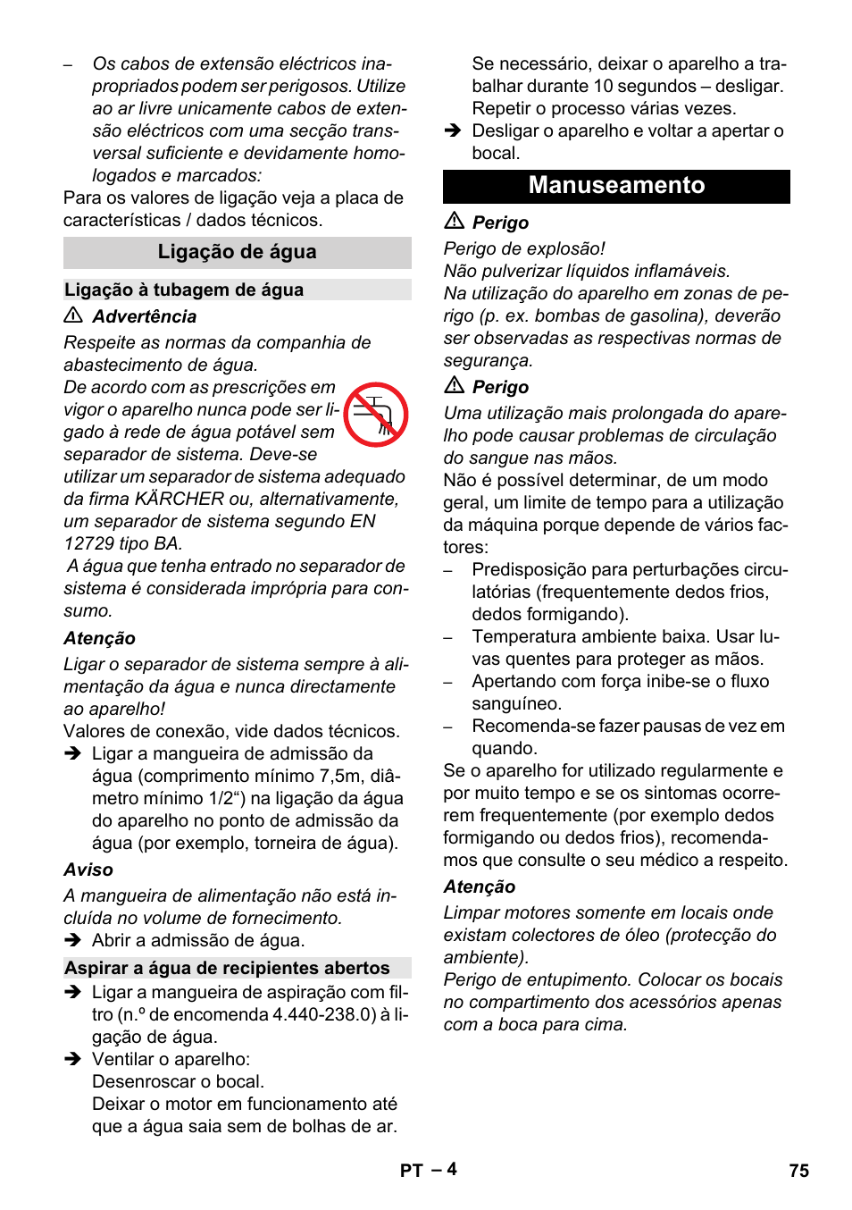 Manuseamento | Karcher HD 6-13 C User Manual | Page 75 / 332