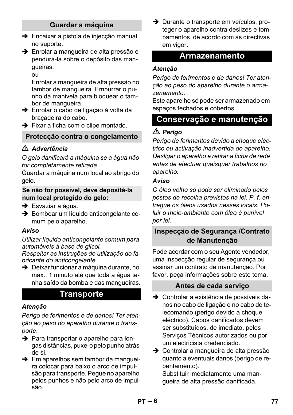 Transporte armazenamento conservação e manutenção | Karcher HD 6-13 C User Manual | Page 77 / 332