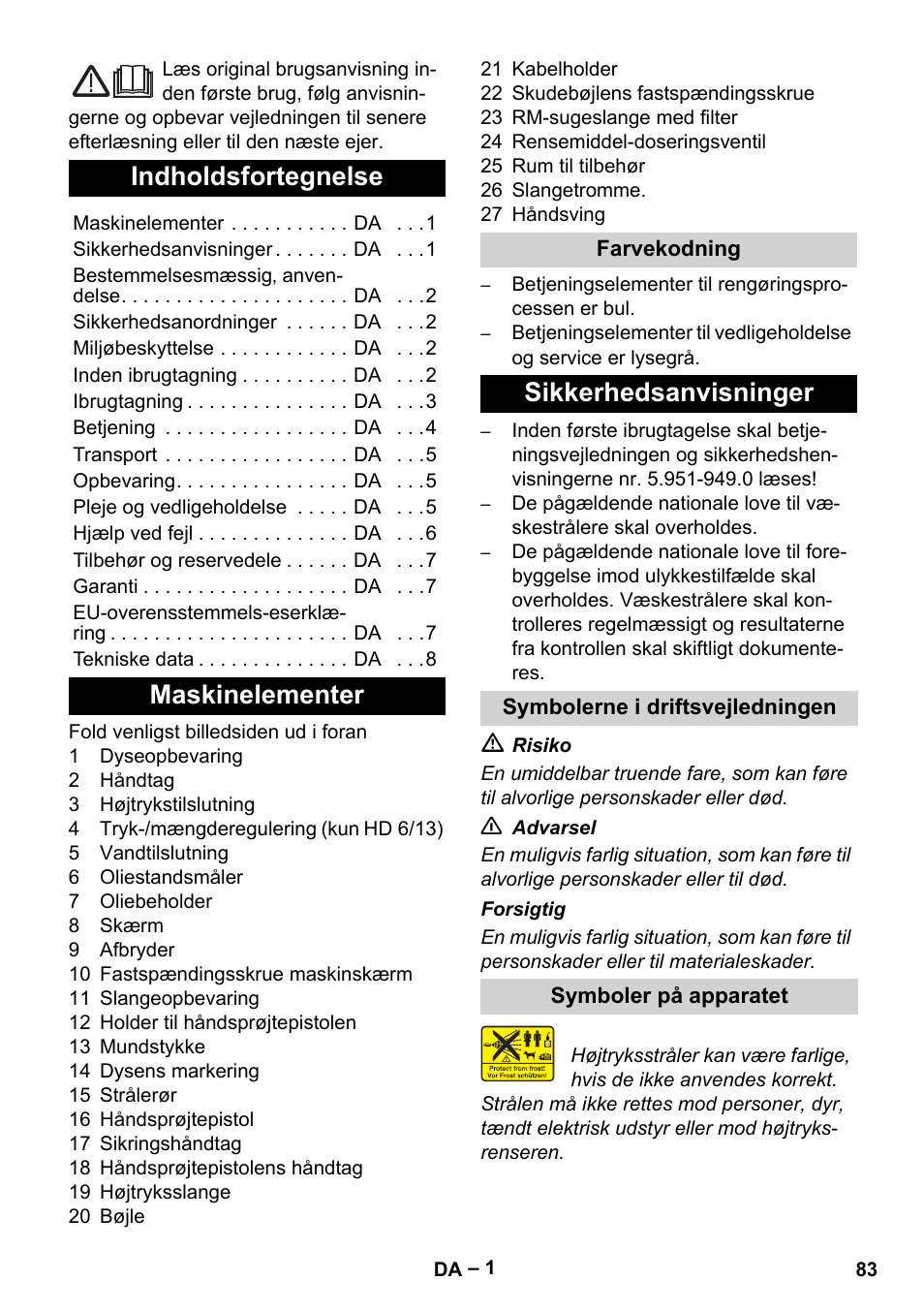 Dansk, Indholdsfortegnelse, Maskinelementer | Sikkerhedsanvisninger | Karcher HD 6-13 C User Manual | Page 83 / 332