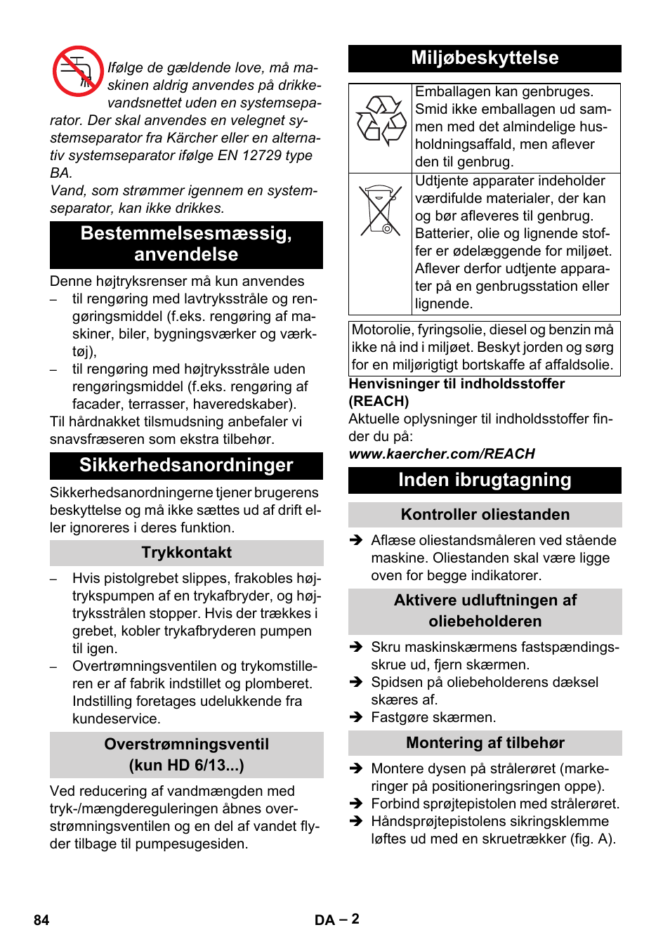 Miljøbeskyttelse, Inden ibrugtagning | Karcher HD 6-13 C User Manual | Page 84 / 332