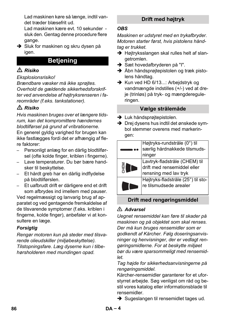 Betjening | Karcher HD 6-13 C User Manual | Page 86 / 332