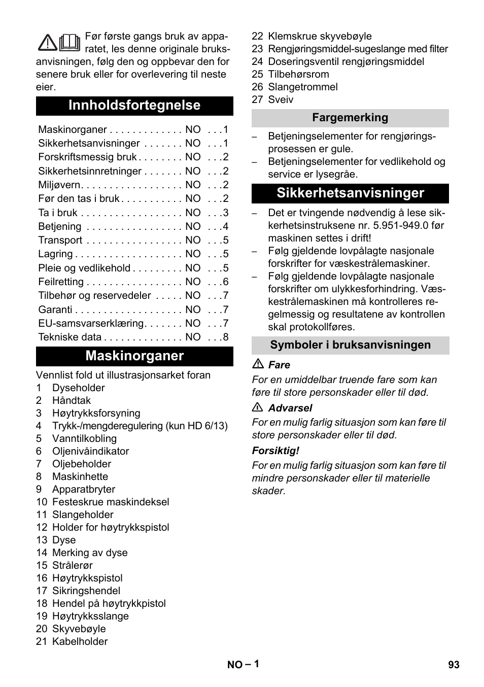 Norsk, Innholdsfortegnelse, Maskinorganer | Sikkerhetsanvisninger | Karcher HD 6-13 C User Manual | Page 93 / 332