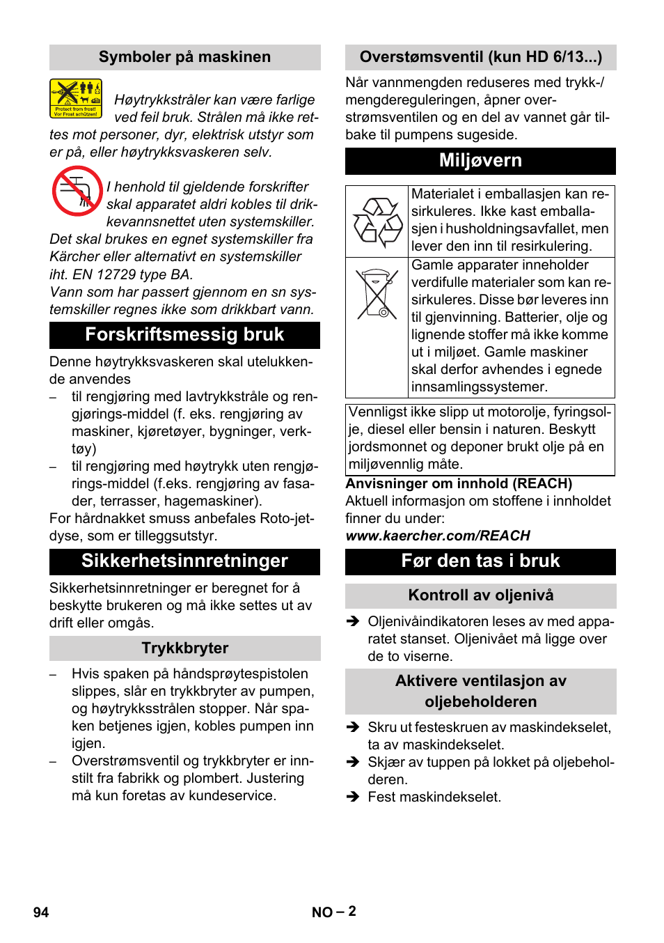 Forskriftsmessig bruk sikkerhetsinnretninger, Miljøvern, Før den tas i bruk | Karcher HD 6-13 C User Manual | Page 94 / 332