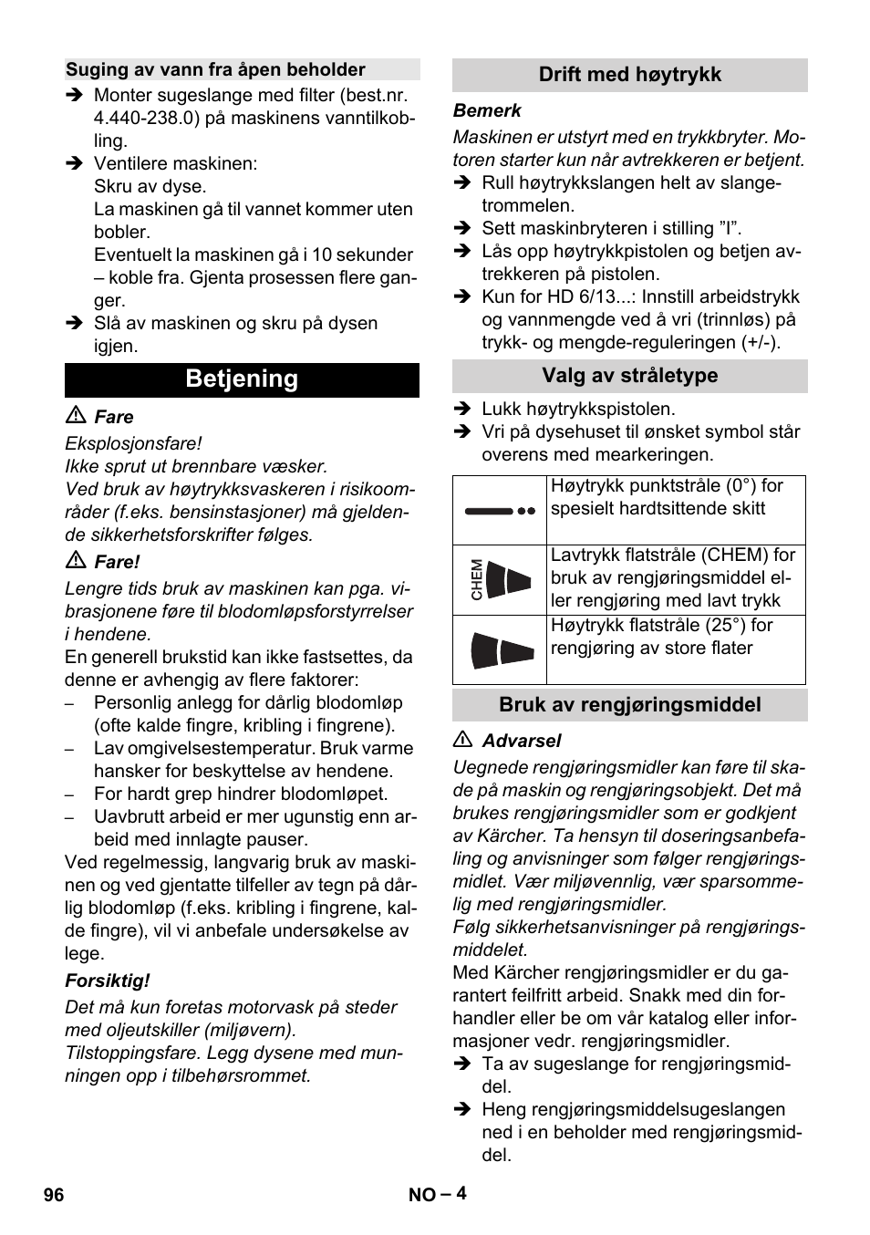 Betjening | Karcher HD 6-13 C User Manual | Page 96 / 332