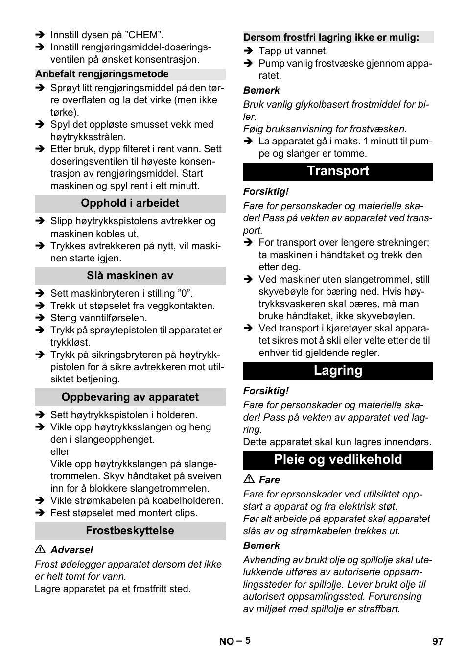 Transport lagring pleie og vedlikehold | Karcher HD 6-13 C User Manual | Page 97 / 332