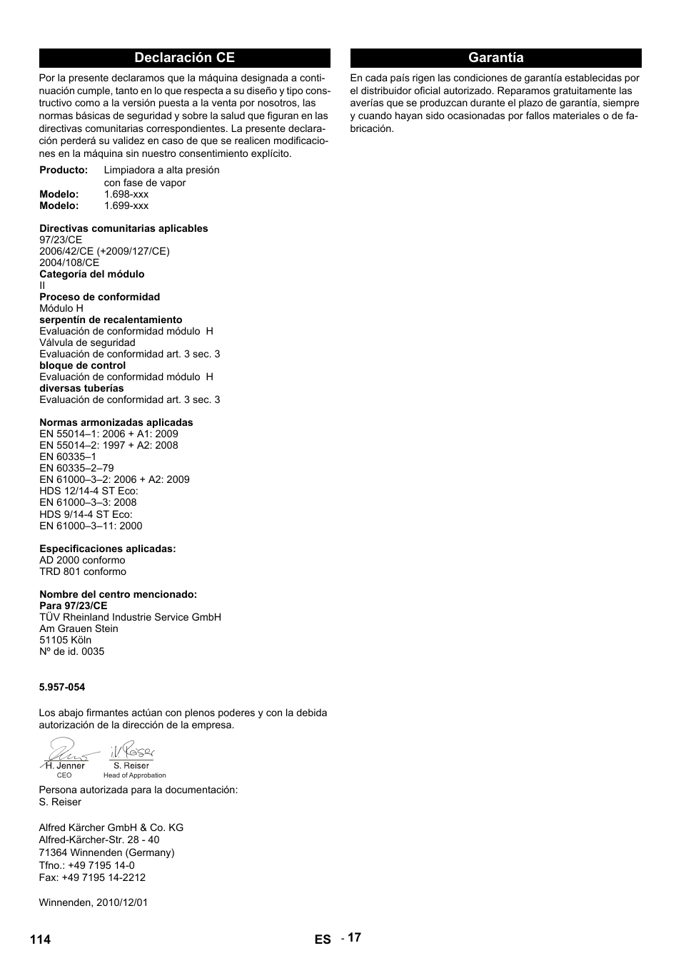 Declaración ce, Garantía | Karcher HDS 9-14-4 ST Eco User Manual | Page 114 / 444