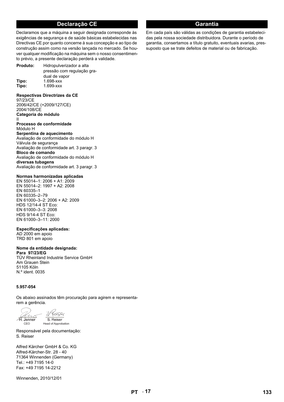 Declaração ce, Garantia | Karcher HDS 9-14-4 ST Eco User Manual | Page 133 / 444