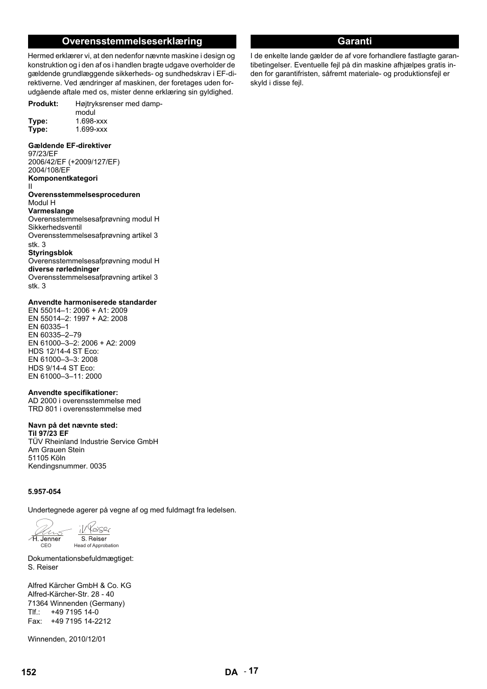 Overensstemmelseserklæring, Garanti | Karcher HDS 9-14-4 ST Eco User Manual | Page 152 / 444