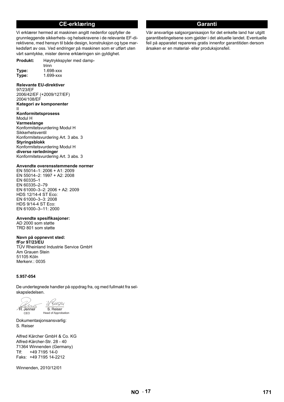 Ce-erklæring, Garanti | Karcher HDS 9-14-4 ST Eco User Manual | Page 171 / 444