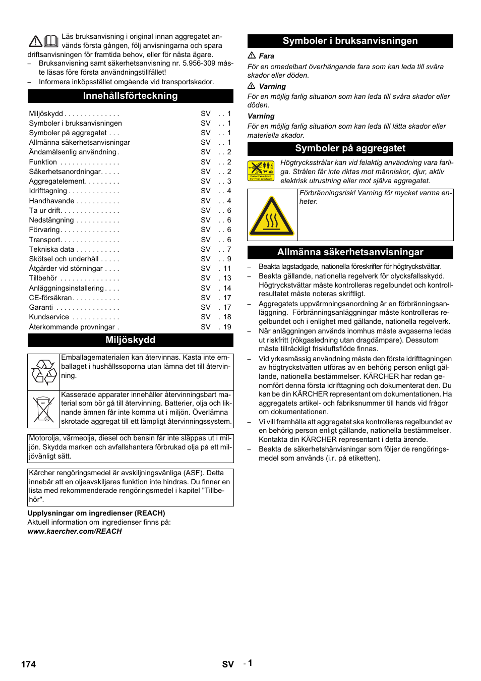 Svenska, Innehållsförteckning, Miljöskydd | Symboler i bruksanvisningen symboler på aggregatet, Allmänna säkerhetsanvisningar | Karcher HDS 9-14-4 ST Eco User Manual | Page 174 / 444