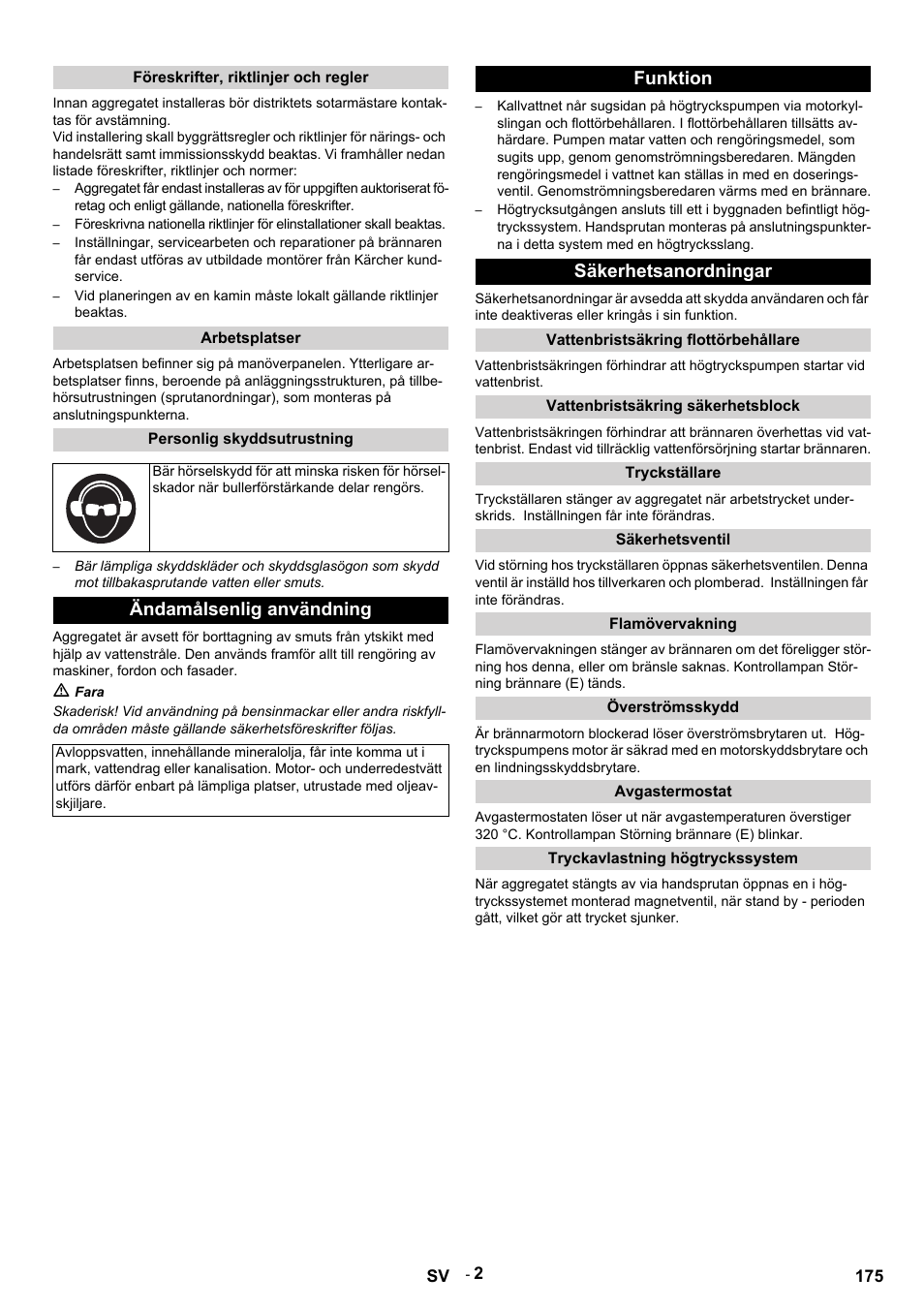 Ändamålsenlig användning, Funktion säkerhetsanordningar | Karcher HDS 9-14-4 ST Eco User Manual | Page 175 / 444