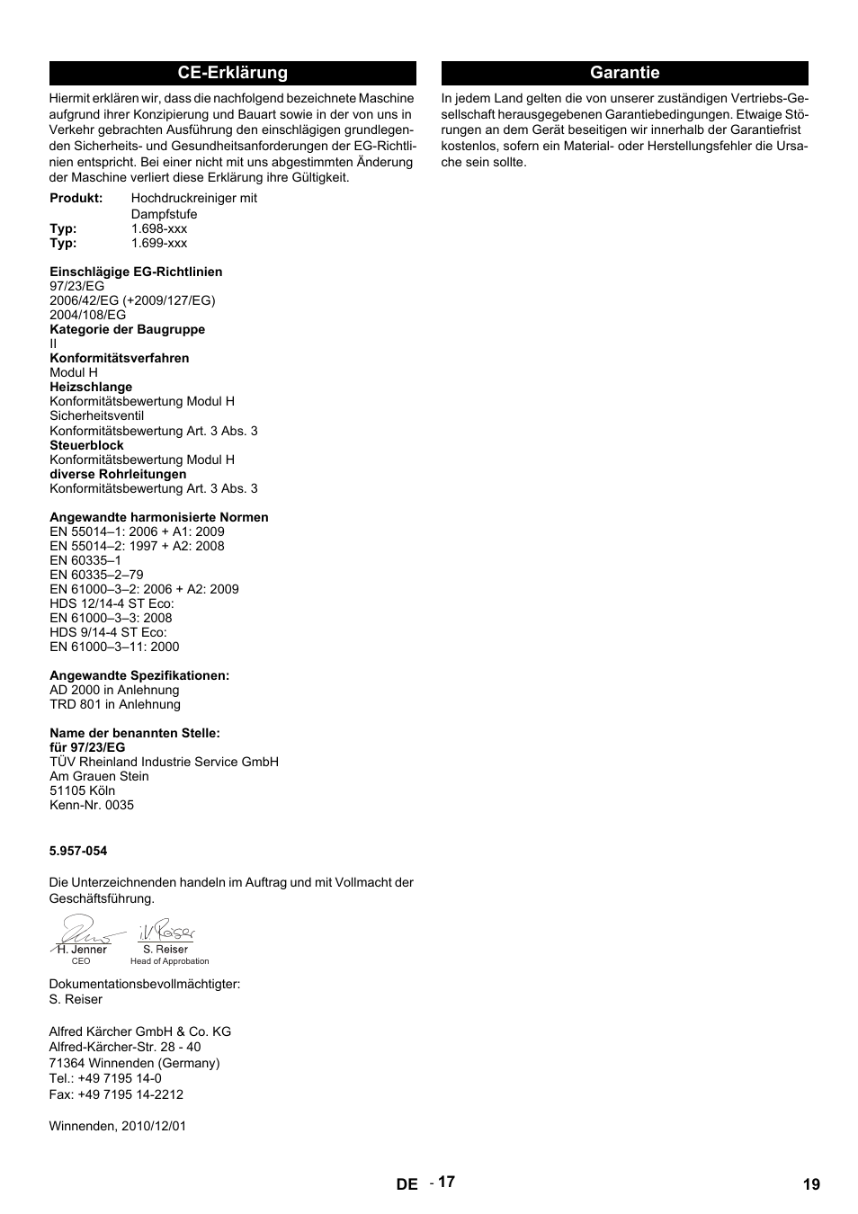 Ce-erklärung, Garantie | Karcher HDS 9-14-4 ST Eco User Manual | Page 19 / 444