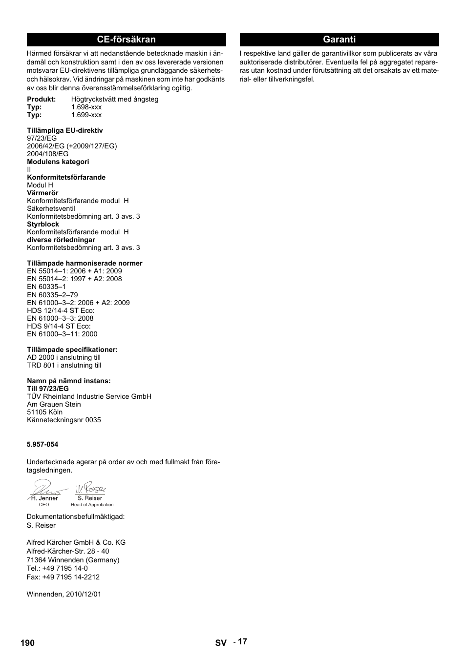 Ce-försäkran, Garanti | Karcher HDS 9-14-4 ST Eco User Manual | Page 190 / 444