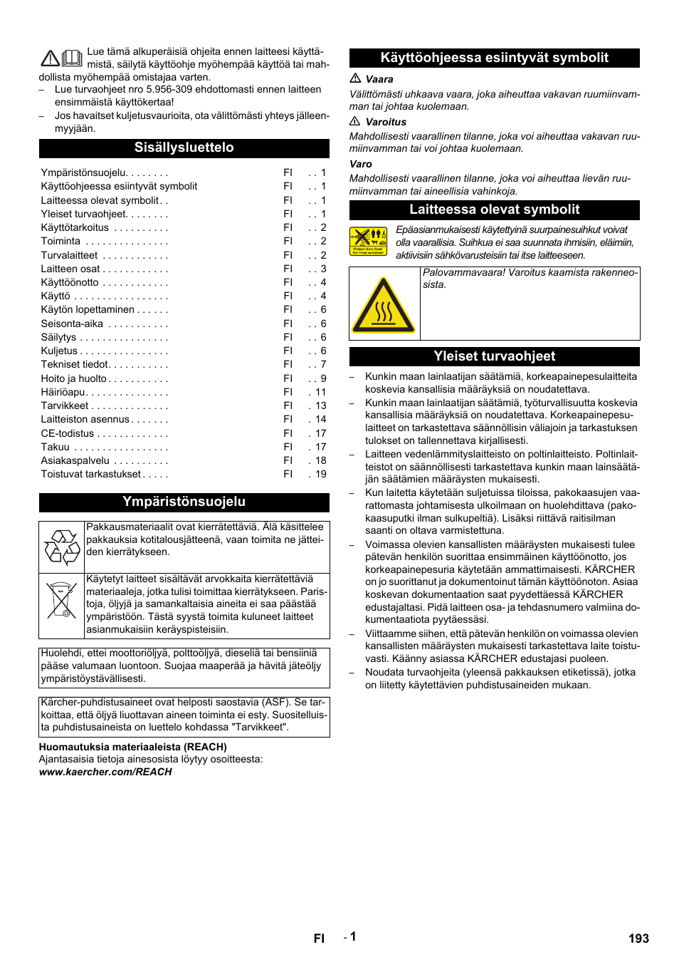 Suomi, Sisällysluettelo, Ympäristönsuojelu | Yleiset turvaohjeet | Karcher HDS 9-14-4 ST Eco User Manual | Page 193 / 444