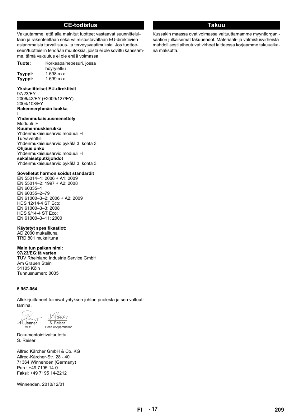 Ce-todistus, Takuu | Karcher HDS 9-14-4 ST Eco User Manual | Page 209 / 444