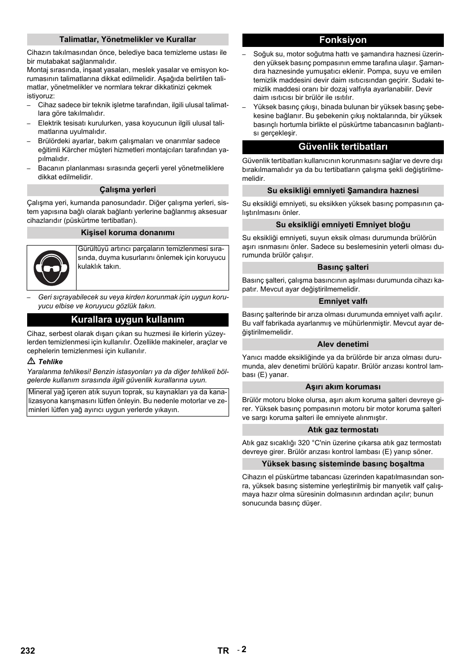 Kurallara uygun kullanım, Fonksiyon güvenlik tertibatları | Karcher HDS 9-14-4 ST Eco User Manual | Page 232 / 444