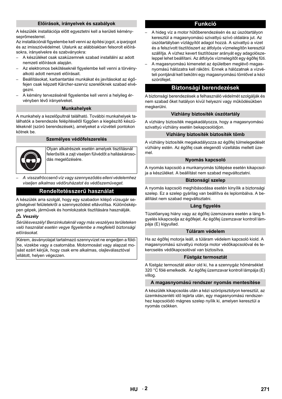 Rendeltetésszerű használat, Funkció biztonsági berendezések | Karcher HDS 9-14-4 ST Eco User Manual | Page 271 / 444