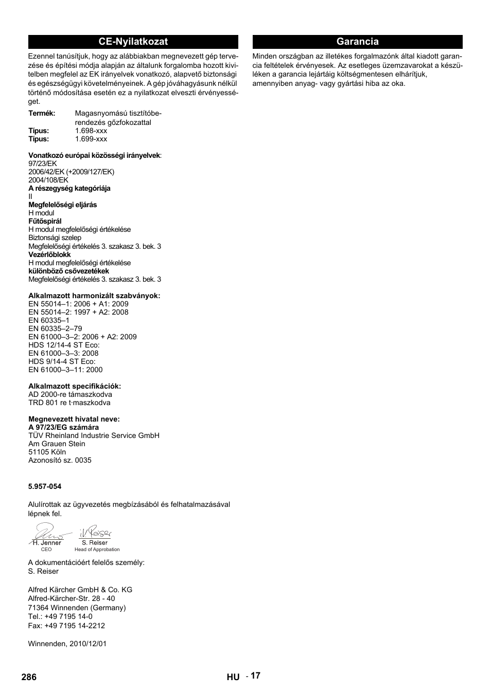 Ce-nyilatkozat, Garancia | Karcher HDS 9-14-4 ST Eco User Manual | Page 286 / 444