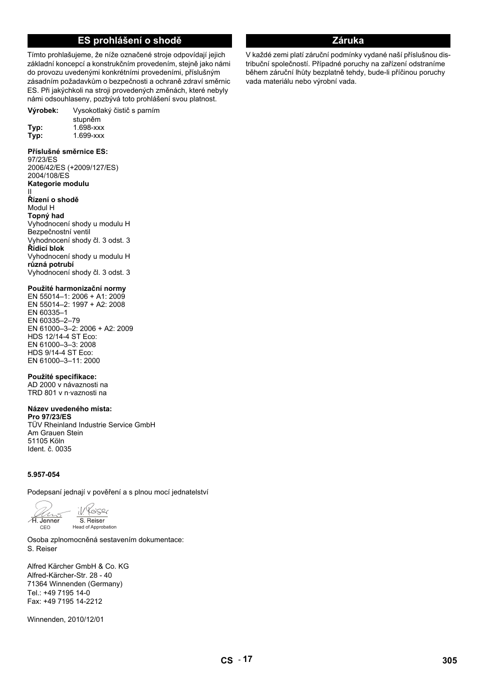 Es prohlášení o shodě, Záruka | Karcher HDS 9-14-4 ST Eco User Manual | Page 305 / 444