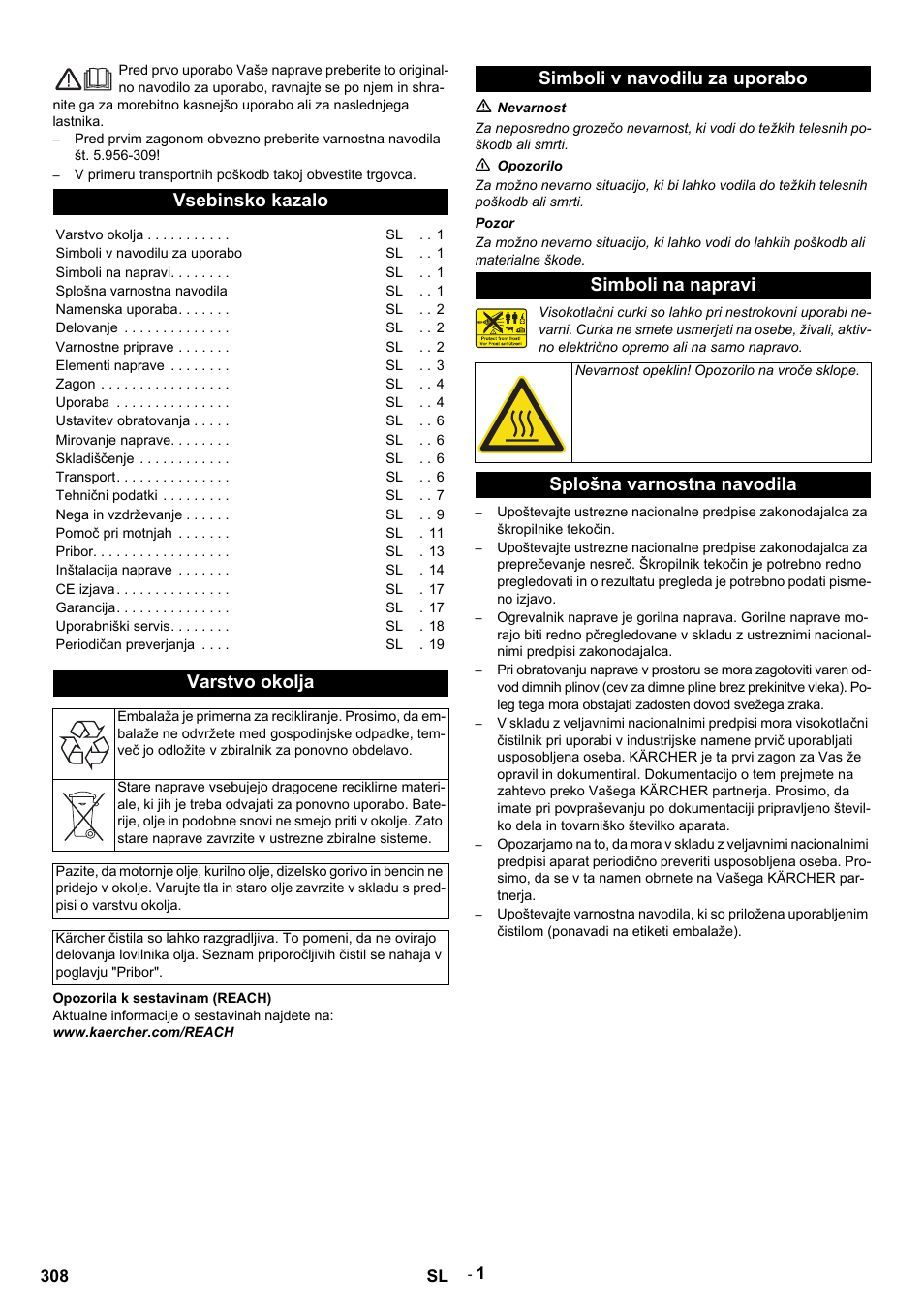 Slovenščina, Slovenšina, Vsebinsko kazalo | Varstvo okolja, Simboli v navodilu za uporabo simboli na napravi, Splošna varnostna navodila | Karcher HDS 9-14-4 ST Eco User Manual | Page 308 / 444