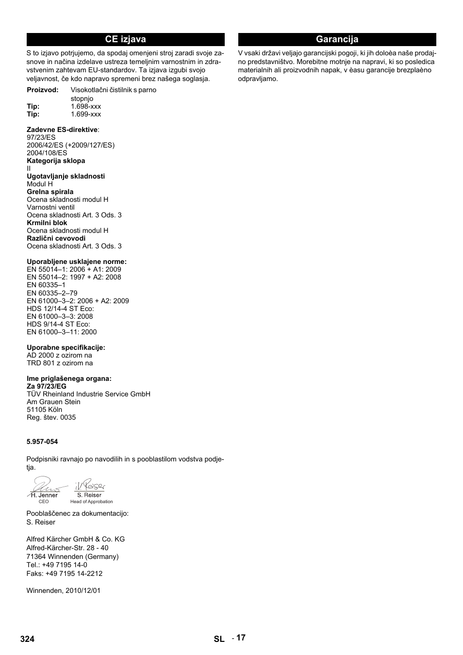 Ce izjava, Garancija | Karcher HDS 9-14-4 ST Eco User Manual | Page 324 / 444