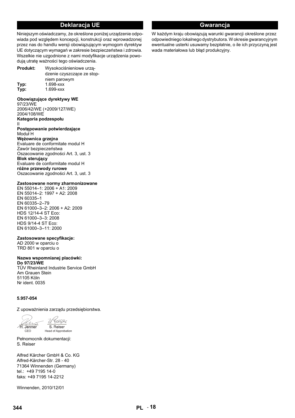 Deklaracja ue, Gwarancja | Karcher HDS 9-14-4 ST Eco User Manual | Page 344 / 444