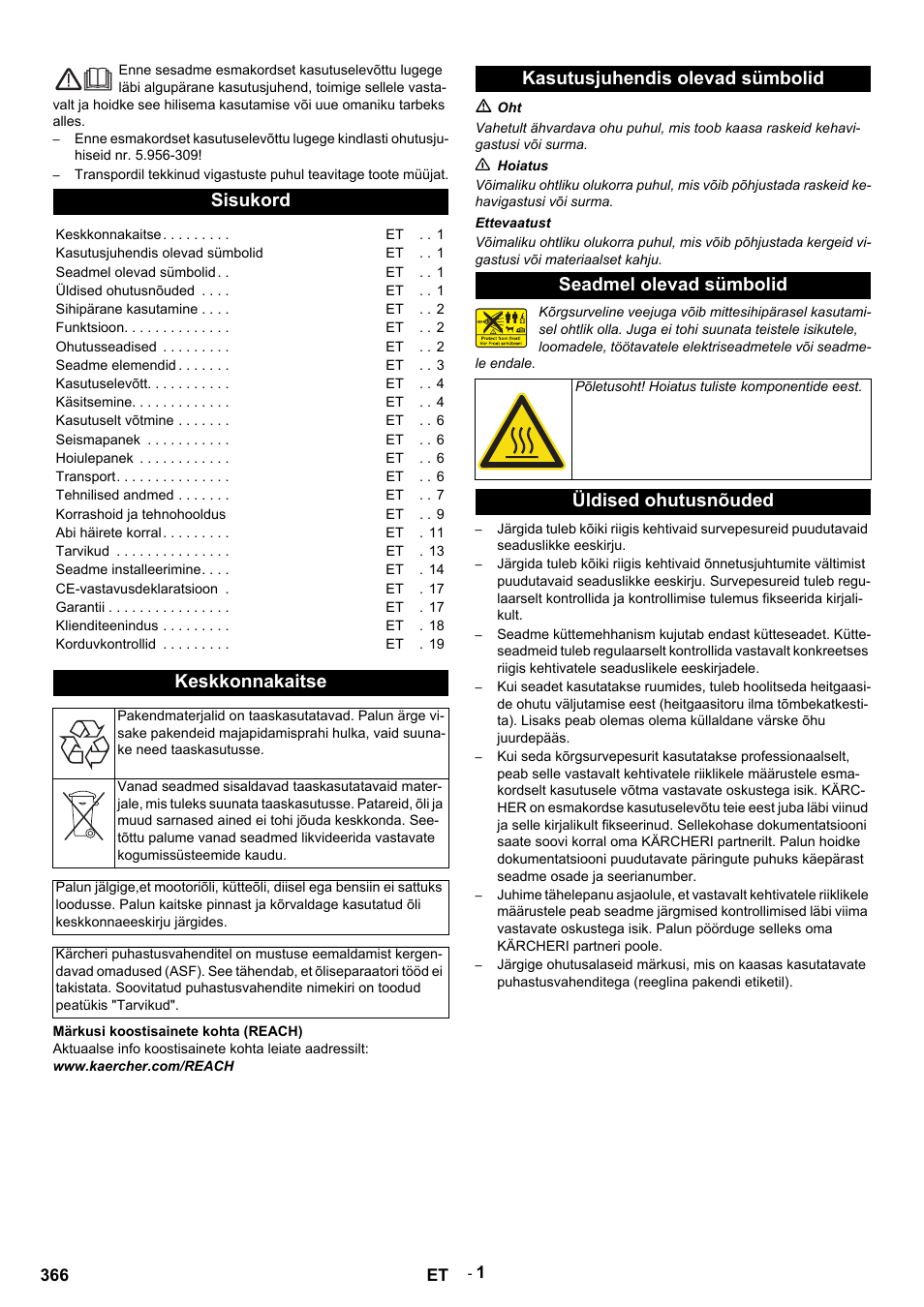 Eesti, Sisukord, Keskkonnakaitse | Üldised ohutusnõuded | Karcher HDS 9-14-4 ST Eco User Manual | Page 366 / 444