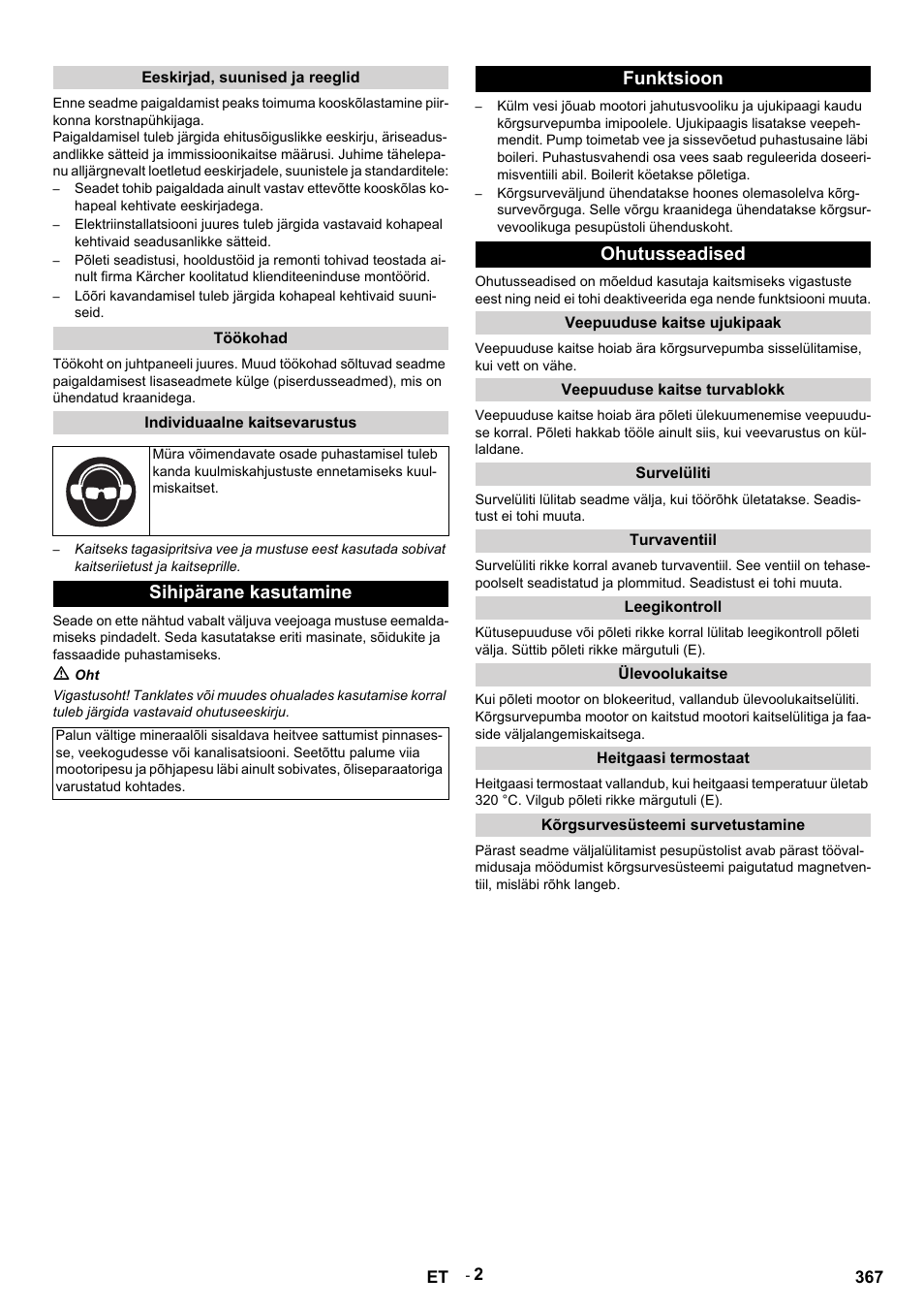 Sihipärane kasutamine, Funktsioon ohutusseadised | Karcher HDS 9-14-4 ST Eco User Manual | Page 367 / 444