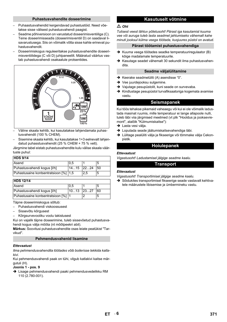 Kasutuselt võtmine, Seismapanek hoiulepanek transport | Karcher HDS 9-14-4 ST Eco User Manual | Page 371 / 444