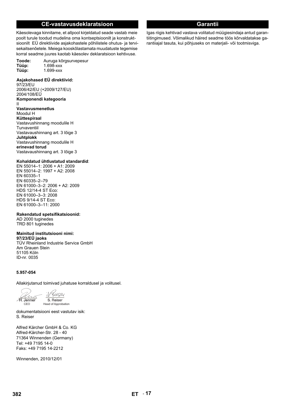 Ce-vastavusdeklaratsioon, Garantii | Karcher HDS 9-14-4 ST Eco User Manual | Page 382 / 444