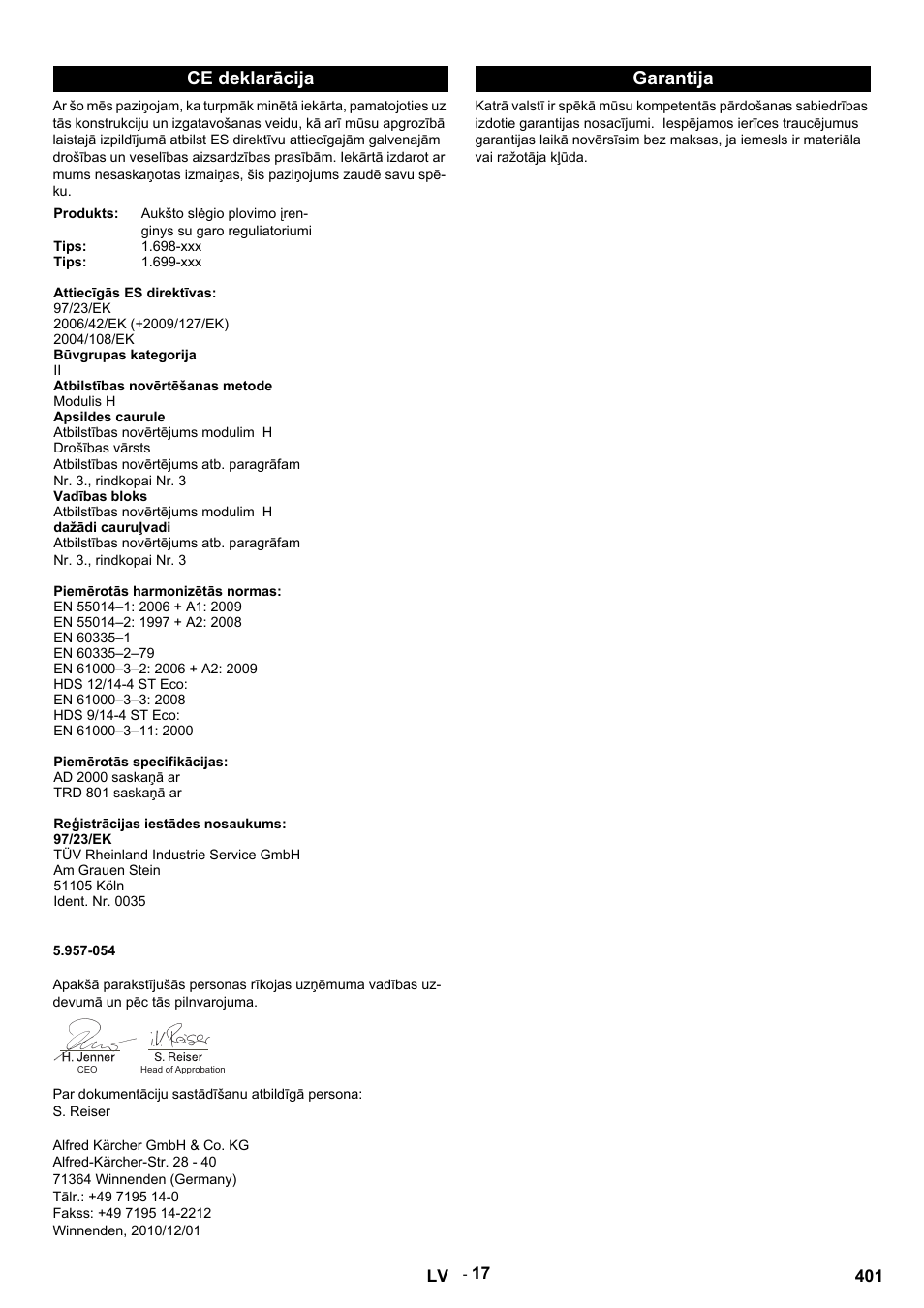 Ce deklarācija, Garantija | Karcher HDS 9-14-4 ST Eco User Manual | Page 401 / 444