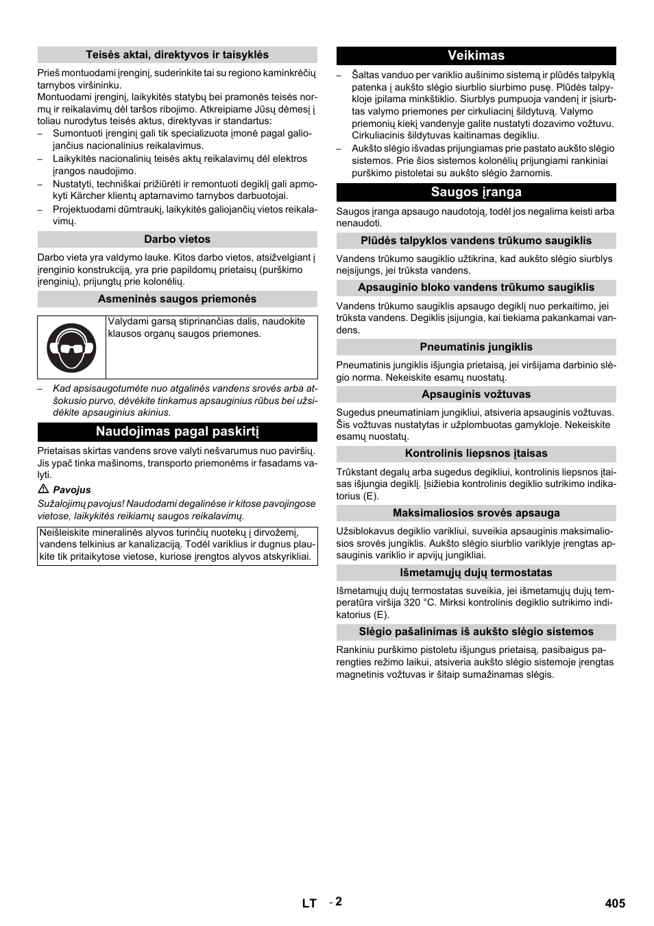 Naudojimas pagal paskirtį, Veikimas saugos įranga | Karcher HDS 9-14-4 ST Eco User Manual | Page 405 / 444