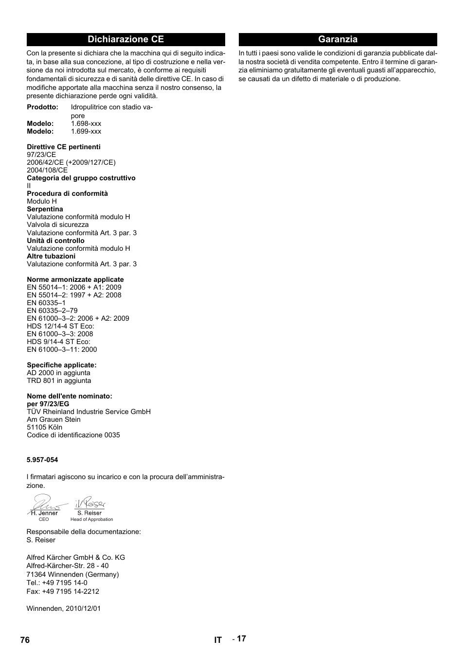 Dichiarazione ce, Garanzia | Karcher HDS 9-14-4 ST Eco User Manual | Page 76 / 444