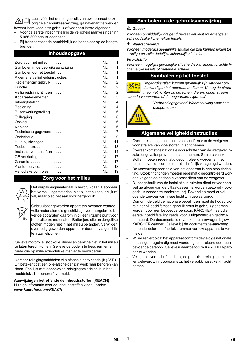 Nederlands, Inhoudsopgave, Zorg voor het milieu | Algemene veiligheidsinstructies | Karcher HDS 9-14-4 ST Eco User Manual | Page 79 / 444