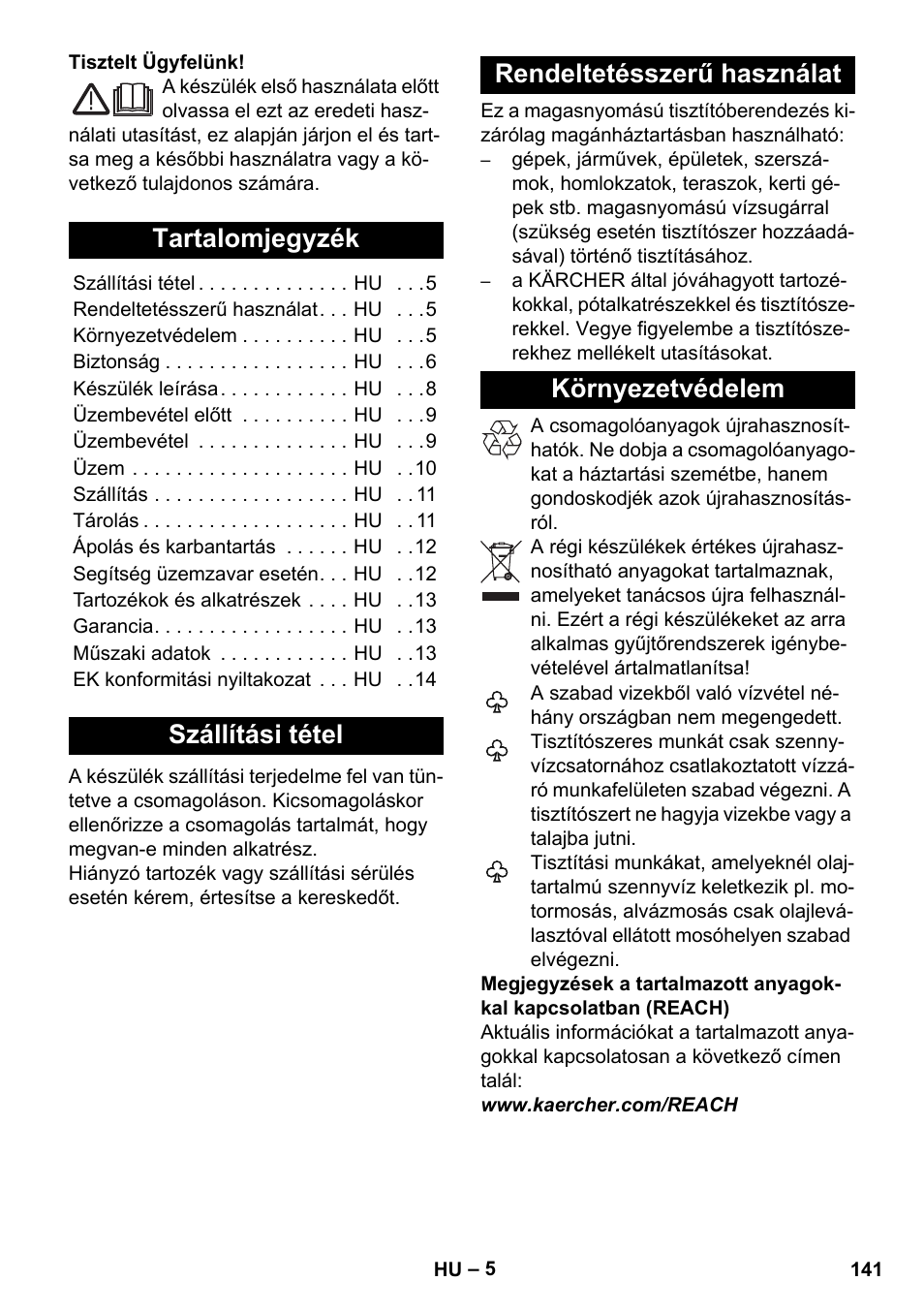 Magyar, Tartalomjegyzék, Szállítási tétel | Rendeltetésszerű használat, Környezetvédelem | Karcher K 7 Compact User Manual | Page 141 / 278