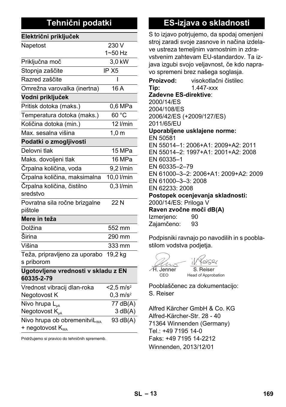 Tehnični podatki, Es-izjava o skladnosti | Karcher K 7 Compact User Manual | Page 169 / 278