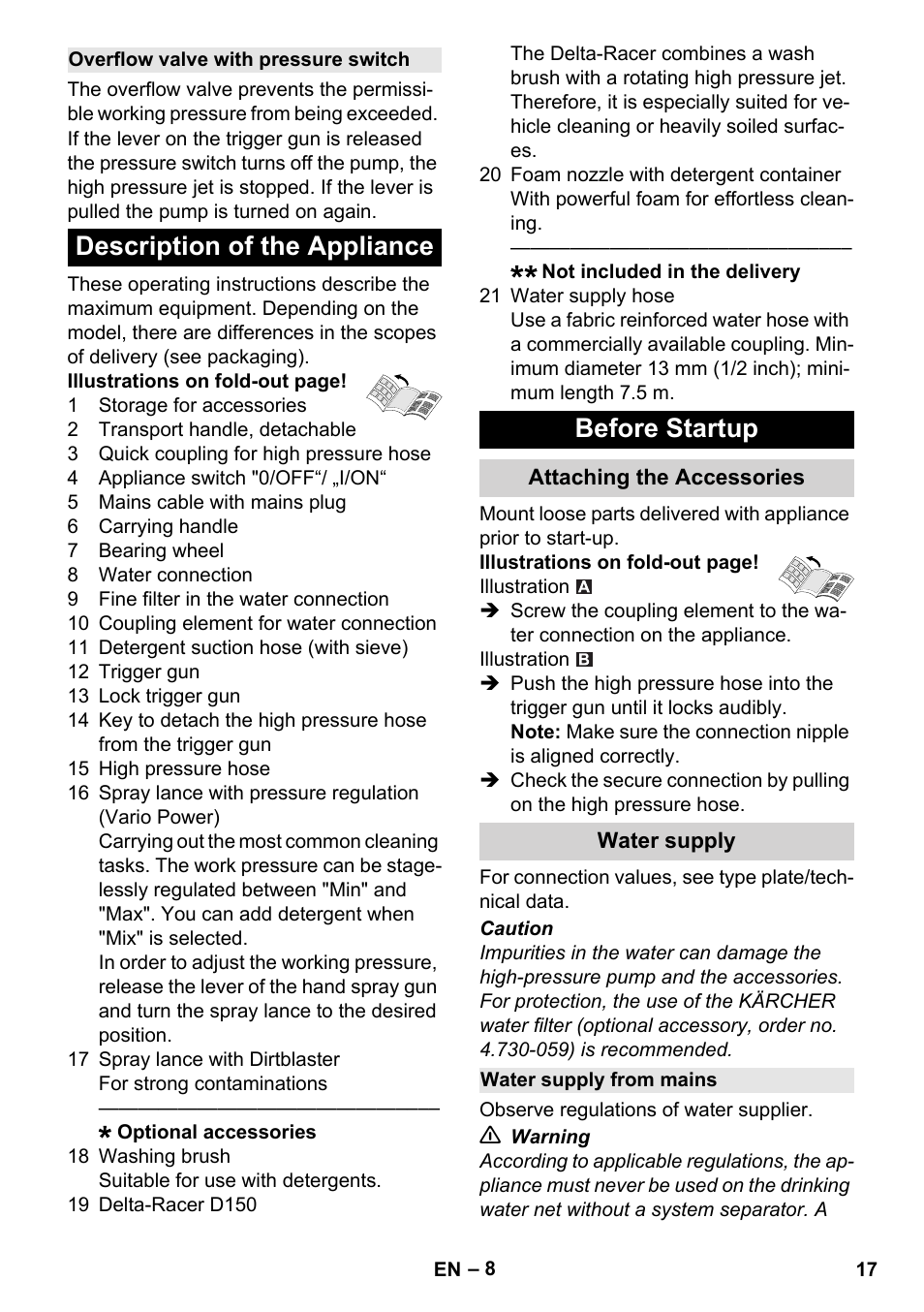 Overflow valve with pressure switch, Description of the appliance, Before startup | Attaching the accessories, Water supply, Water supply from mains, Description of the appliance before startup | Karcher K 7 Compact User Manual | Page 17 / 278