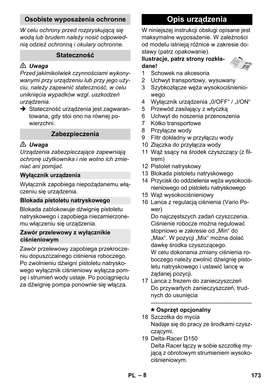 Osobiste wyposażenia ochronne, Stateczność, Zabezpieczenia | Wyłącznik urządzenia, Blokada pistoletu natryskowego, Zawór przelewowy z wyłącznikie ciśnieniowym, Opis urządzenia | Karcher K 7 Compact User Manual | Page 173 / 278