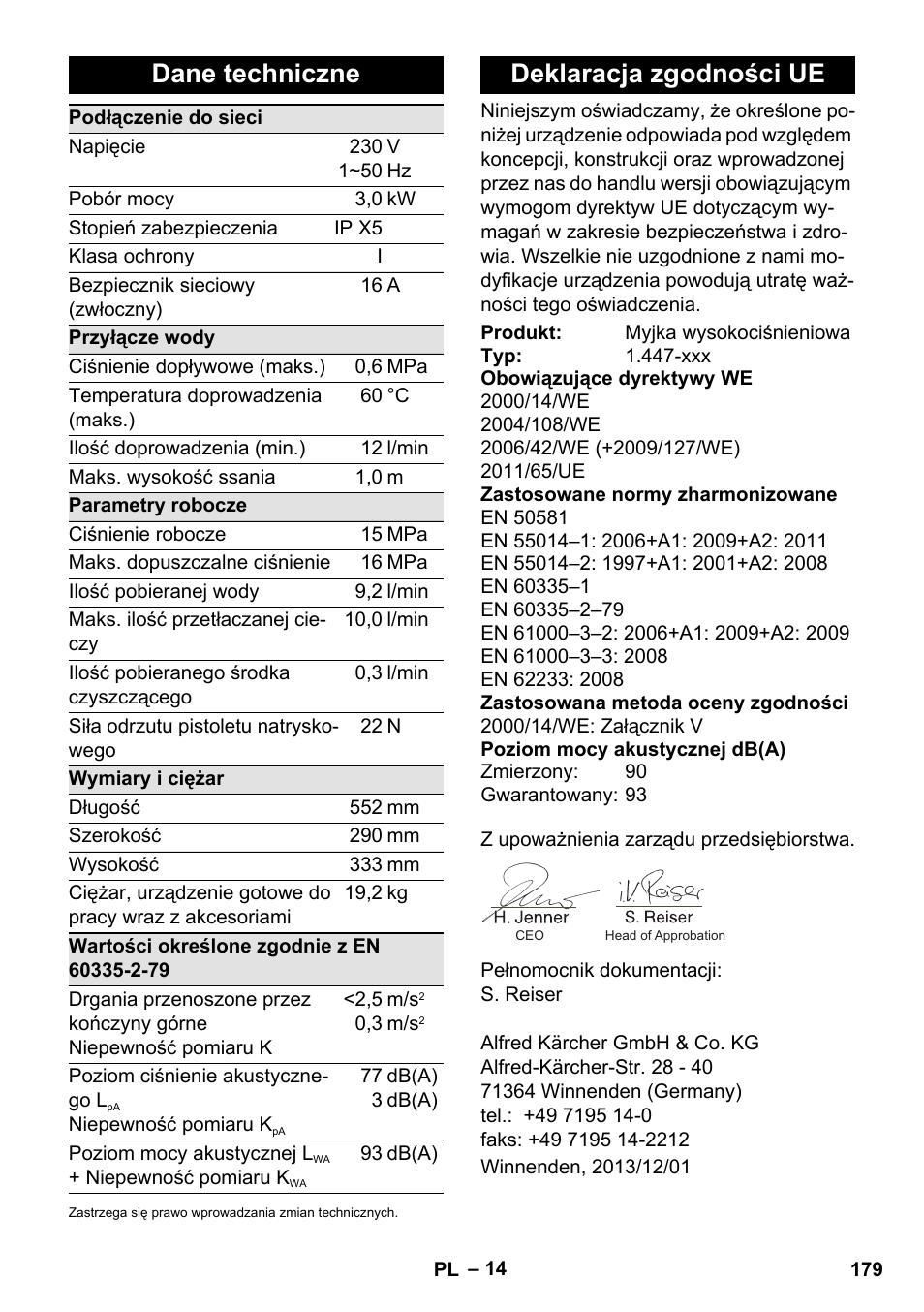 Dane techniczne, Deklaracja zgodności ue | Karcher K 7 Compact User Manual | Page 179 / 278