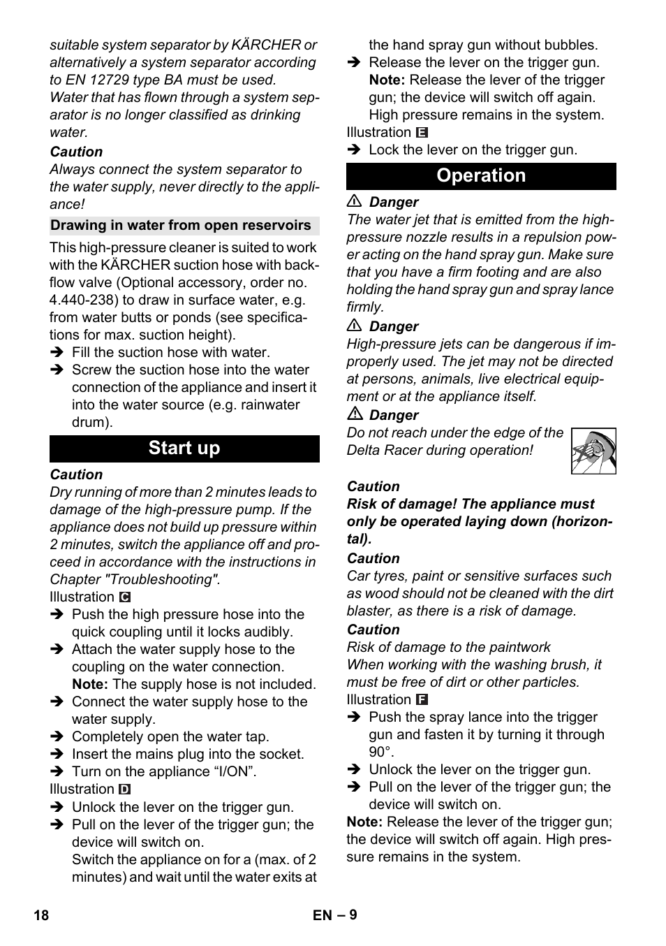 Drawing in water from open reservoirs, Start up, Operation | Start up operation | Karcher K 7 Compact User Manual | Page 18 / 278