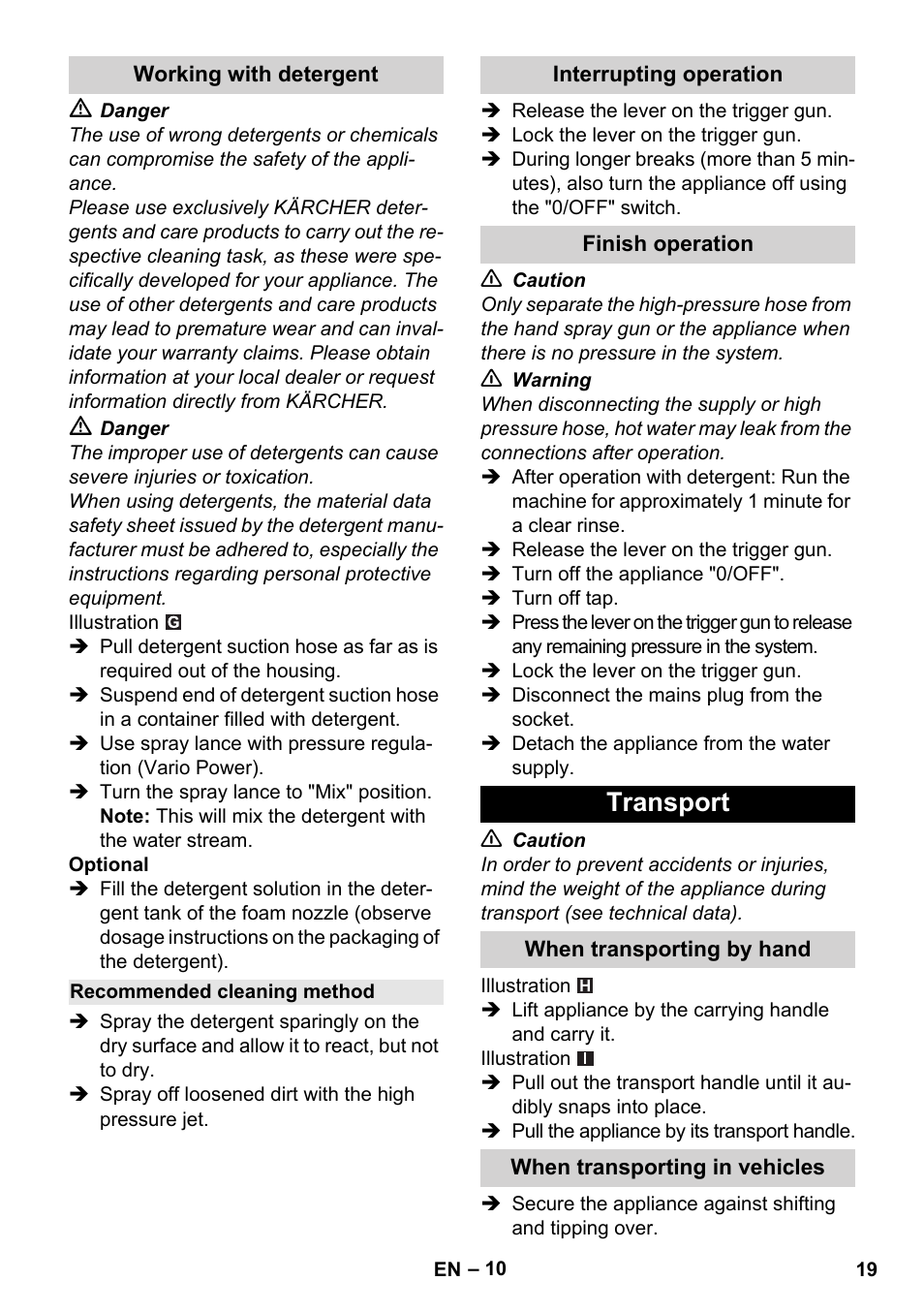 Working with detergent, Recommended cleaning method, Interrupting operation | Finish operation, Transport, When transporting by hand, When transporting in vehicles | Karcher K 7 Compact User Manual | Page 19 / 278