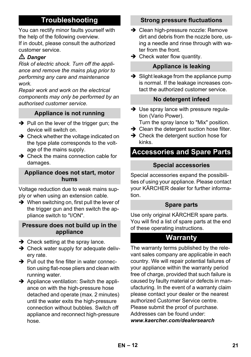 Troubleshooting, Appliance is not running, Appliance does not start, motor hums | Pressure does not build up in the appliance, Strong pressure fluctuations, Appliance is leaking, No detergent infeed, Accessories and spare parts, Special accessories, Spare parts | Karcher K 7 Compact User Manual | Page 21 / 278