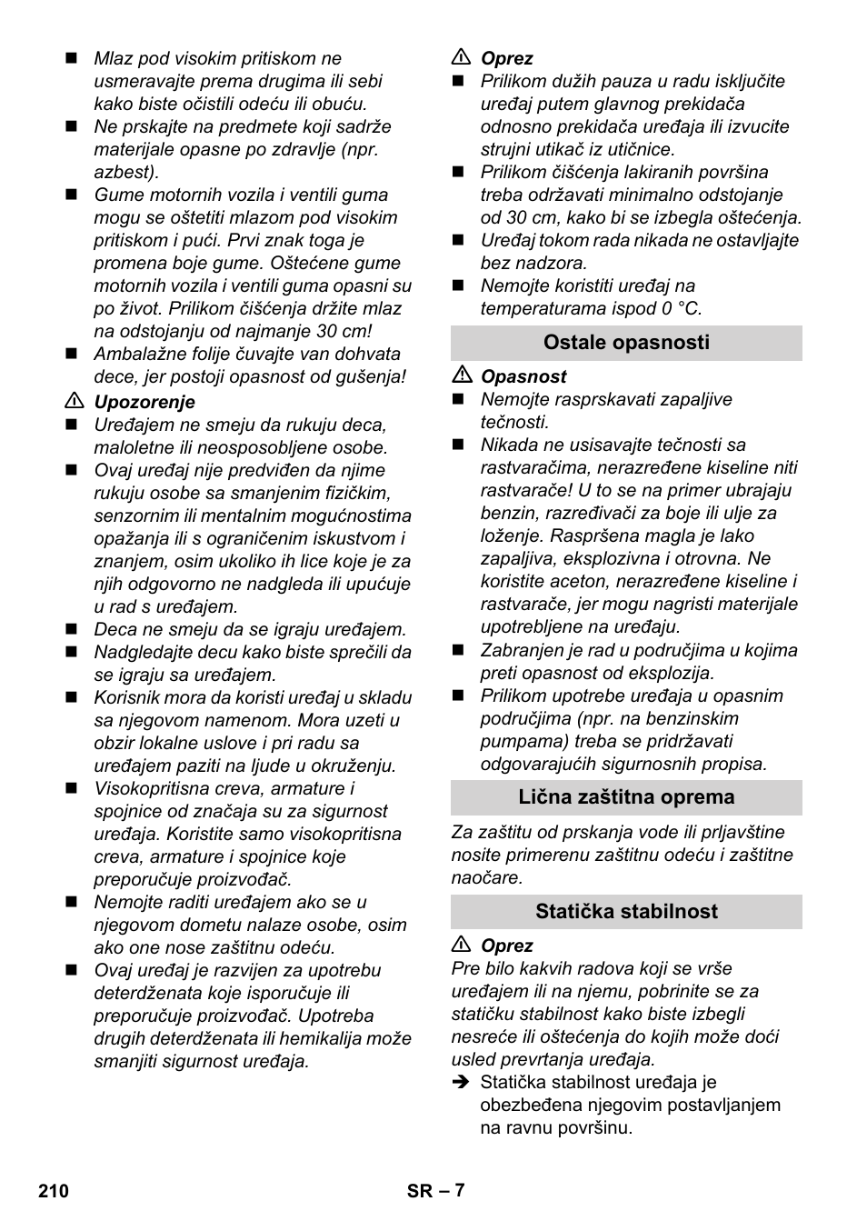 Ostale opasnosti, Lična zaštitna oprema, Statička stabilnost | Karcher K 7 Compact User Manual | Page 210 / 278