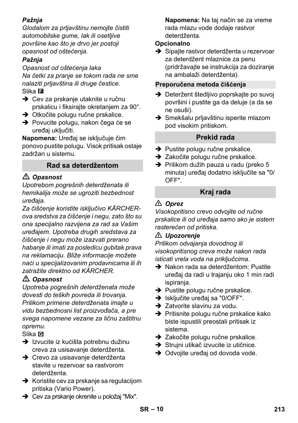 Rad sa deterdžentom, Preporučena metoda čišćenja, Prekid rada | Kraj rada | Karcher K 7 Compact User Manual | Page 213 / 278