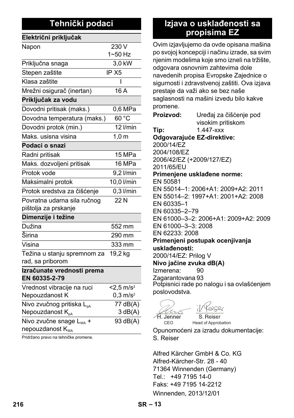 Tehnički podaci, Izjava o usklađenosti sa propisima ez | Karcher K 7 Compact User Manual | Page 216 / 278