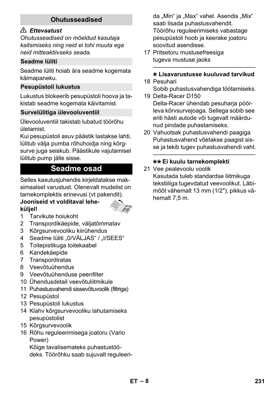 Ohutusseadised, Seadme lüliti, Pesupüstoli lukustus | Survelülitiga ülevooluventiil, Seadme osad | Karcher K 7 Compact User Manual | Page 231 / 278