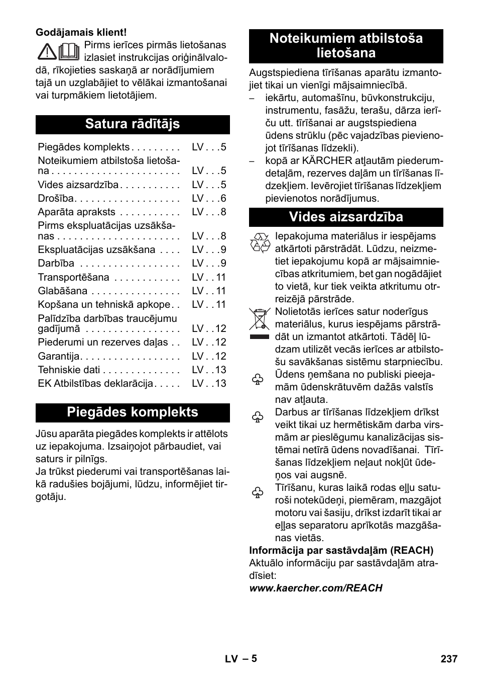 Latviešu, Satura rādītājs, Piegādes komplekts | Noteikumiem atbilstoša lietošana, Vides aizsardzība | Karcher K 7 Compact User Manual | Page 237 / 278