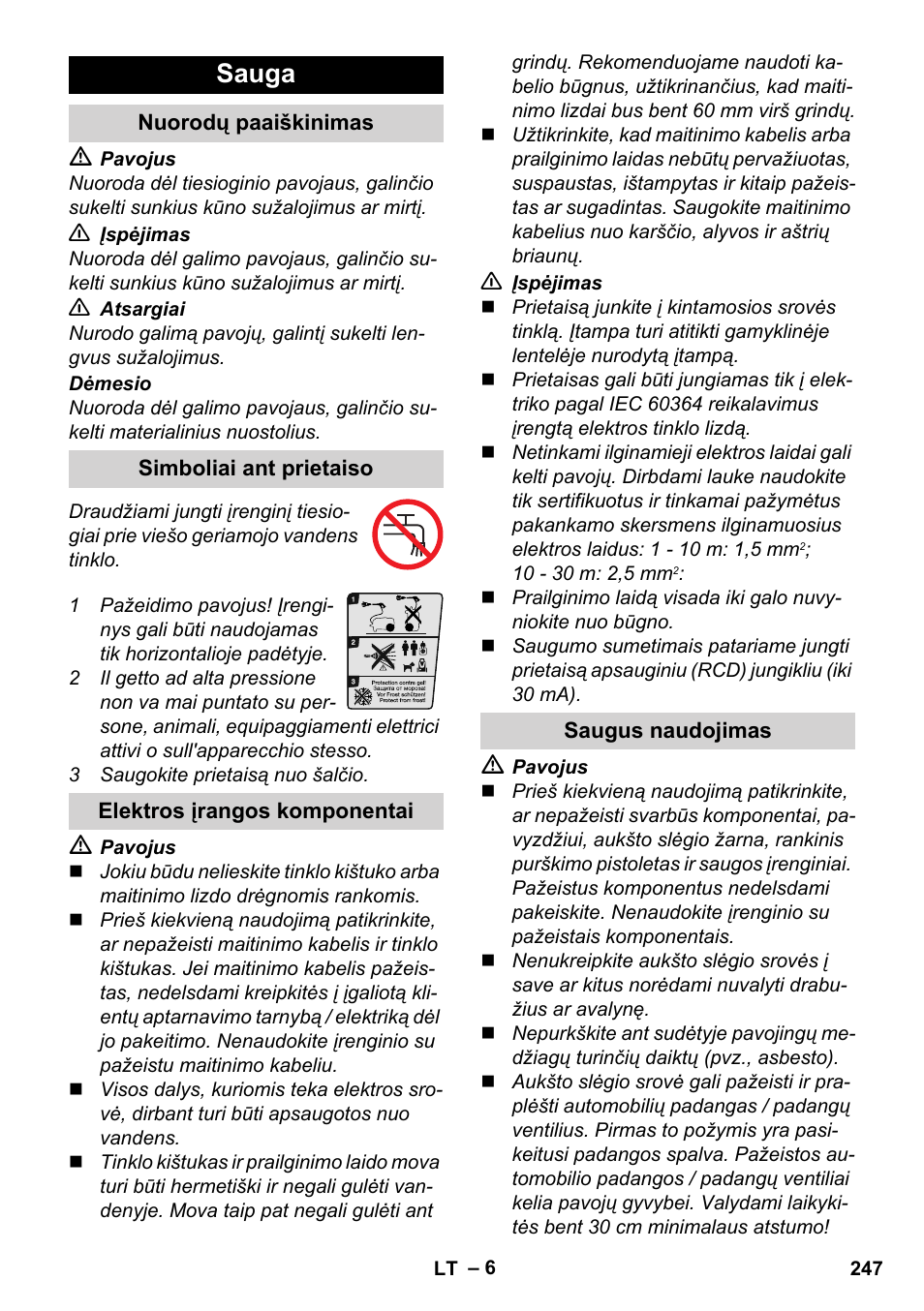 Sauga, Nuorodų paaiškinimas, Simboliai ant prietaiso | Elektros įrangos komponentai, Saugus naudojimas | Karcher K 7 Compact User Manual | Page 247 / 278