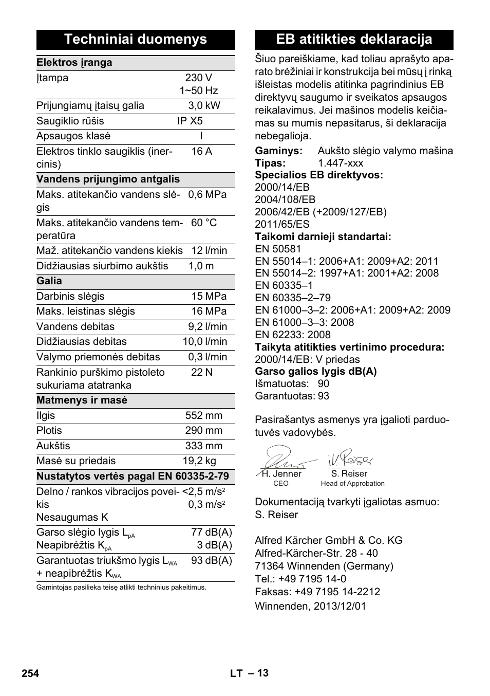 Techniniai duomenys, Eb atitikties deklaracija | Karcher K 7 Compact User Manual | Page 254 / 278